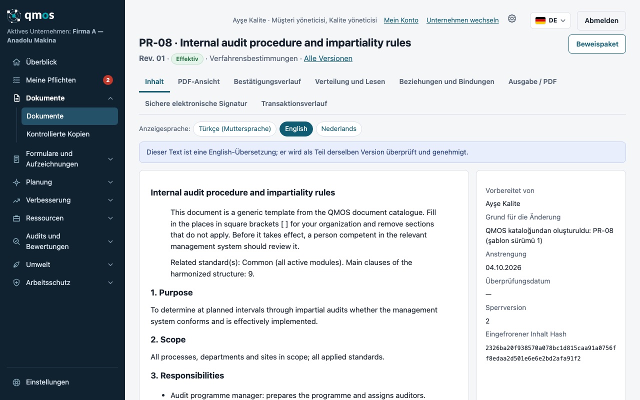 Bildschirm zur Veröffentlichung von Dokumenten: Registerkarten und mehrsprachige Inhalte