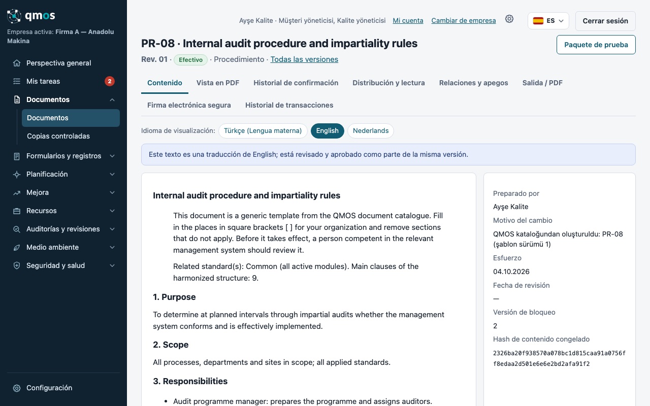 Pantalla de liberación de documentos: pestañas y contenido multilingüe