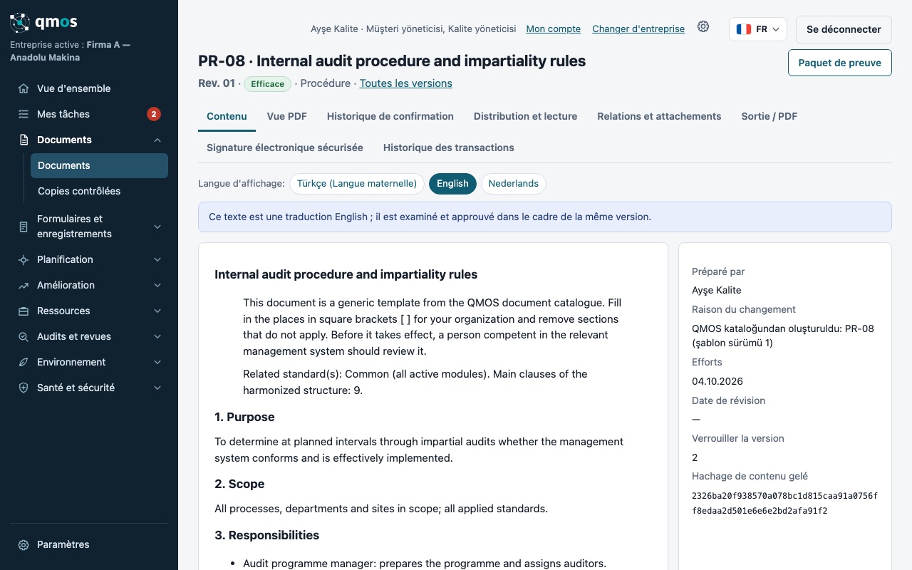Écran de publication du document : onglets et contenu multilingue