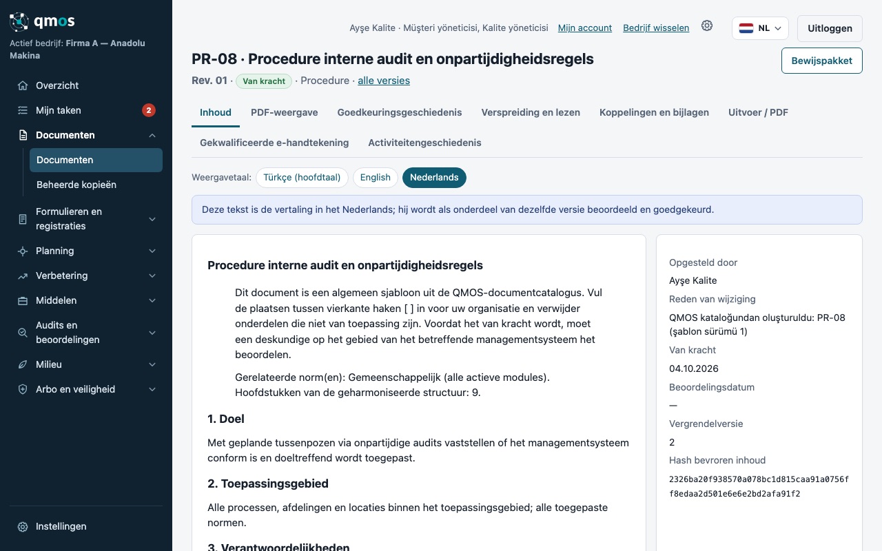 Documentversiescherm: tabbladen en meertalige inhoud